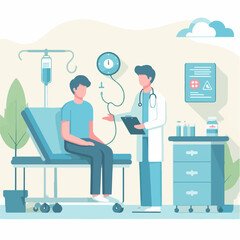 Hospitalization Concept: Doodle Art of a Sick Man in a Hospital Bed