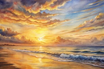 Fototapeta premium Warm golden light of serene sunset casts a romantic glow on endless ocean waves, calm beach, and drifting clouds, evoking feelings of love and tranquility.