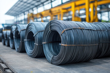 Wire rod, metal steel production industry. Big coils of steel wire are stocking in warehouse