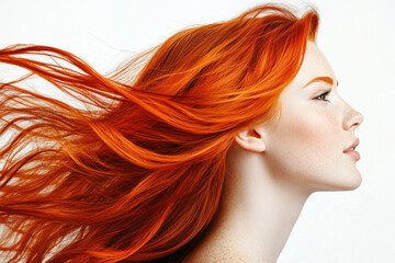 Profile portrait of a beautiful red-haired young woman with flowing hair on a white studio background.