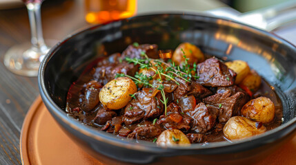 A gourmet beef stew with potatoes and herbs, served in a black bowl, ideal for food blogs, culinary magazines, and meal preparation visuals,