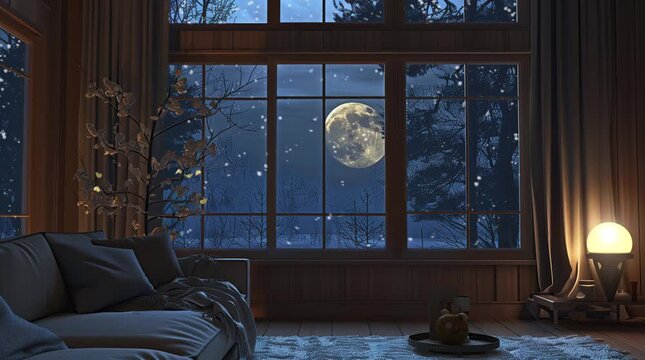 Cozy room with a comfortable sofa by a window, framed by the glow of a full moon on a tranquil night, creating a warm and inviting a Seamless looping 4k time-lapse virtual video animation Generated AI