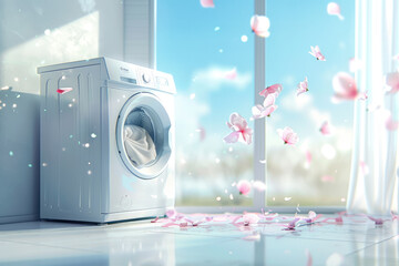 Washing machine spreading freshness with flower petals flying around