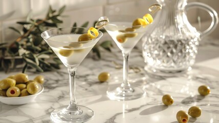 Two martini glasses with olives and lemon twists on marble counter