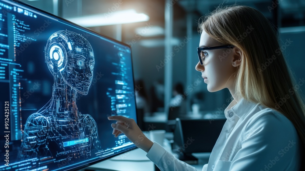Poster a woman is pointing at a computer monitor displaying a robot