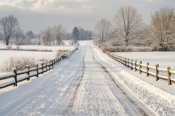 A country road covered in snow, lined with fences.