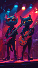 Two cartoon black cats rock guitarists on stage with red guitars