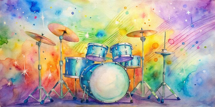 Vibrant drum set on a bright studio background with colorful music notes and copy space, perfect for advertising children's music education and learning programs.