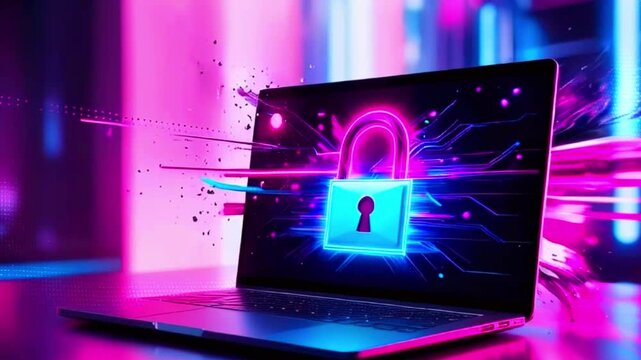 Laptop screen with glowing padlock, representing cybersecurity.