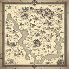 Vintage fantasy map with mountains, rivers, and castles in an ornate border