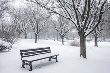 A park bench covered in snow under bare winter trees.