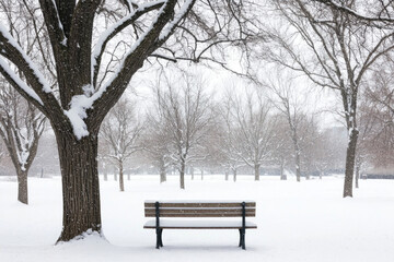 A park bench covered in snow under bare winter trees.