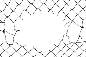 The texture of the metal mesh on a white background. Torn steel, metal mesh with holes