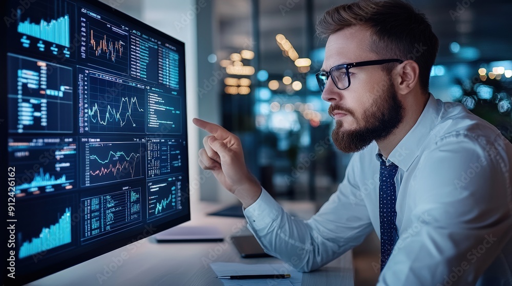 Poster a man in a suit is pointing at a computer monitor displaying financial data
