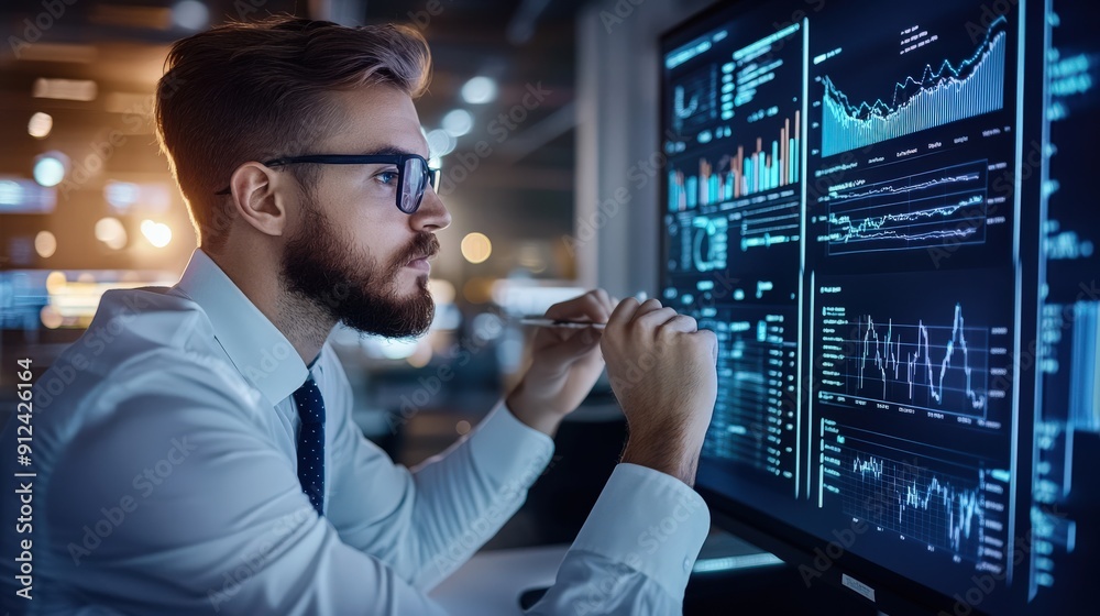 Poster a man in a suit is pointing at a computer monitor displaying financial data
