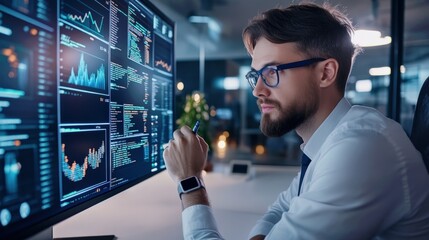 A man in a suit is pointing at a computer monitor displaying financial data