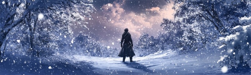 Winter's Watch: An Animated Snowscape with a Sentinel in the Snow, Embracing the Solitude and Vigilance of the Season