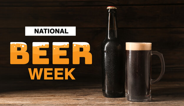 Bottle and mug of dark beer on wooden background - Powered by Adobe