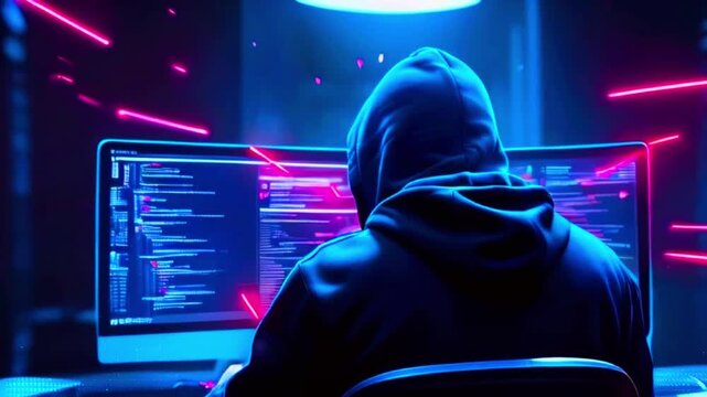 Hooded figure working on a computer in a dark room lit by pink and blue light.