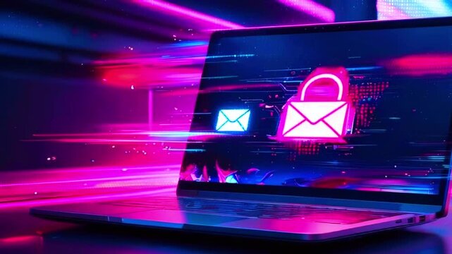 Laptop with glowing email and padlock icons, representing online security.