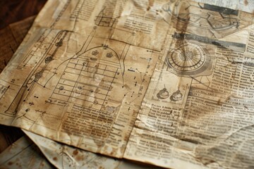 Fototapeta premium Old technical drawing of what appears to be a boat or airship on a table with stains and showing its age
