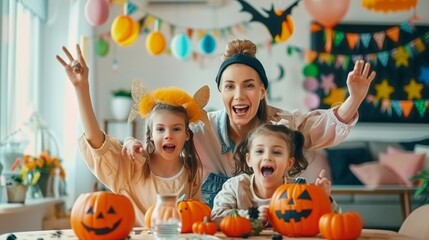 Fototapeta premium Children and adults celebrate Halloween with pumpkins and costumes in a vibrant, festive atmosphere of excitement