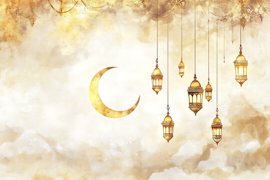 Ramadan kareem or ramazan mubarak greeting with fanous or lantern and crescent on cloud. Islam month of fasting. Background for arabic holiday sign or poster. Eid al-fitr and al-adha. Religion theme - Powered by Adobe