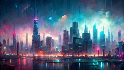 Fototapeta premium Moody rainy night in the cityscape with blurred background of towering skyscrapers, neon lights, and rainy streets reflecting vibrant colors and urban atmosphere.