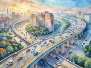 Aerial drone captures a crowded multilevel bridge highway road interchange weaving near urban residential buildings during peak rush hour traffic chaos and congestion.