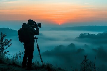 Fototapeta premium A photographer capturing the serene beauty of a foggy sunrise over a misty landscape, creating a peaceful and inspiring outdoor scene.