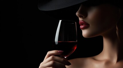 sexy woman in a black dress and a hat hiding her face drinking red wine on a black background copy space, drinking alcohol celebration.