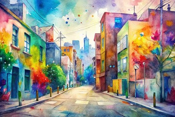 Naklejka premium Vibrant urban streetscape with graffiti-covered buildings, colorful street art, and bold paint signs adding a dynamic flair to the city's eclectic architecture.