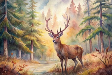 Majestic brown deer stands alert in autumn forest landscape surrounded by pine trees and grass, showcasing its impressive antlers in a serene wilderness setting.