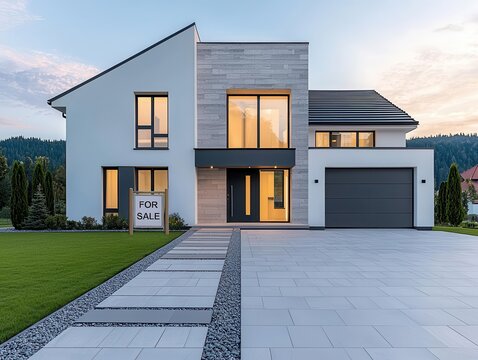 Modern home with a prominently displayed high price tag, High, Housing costs