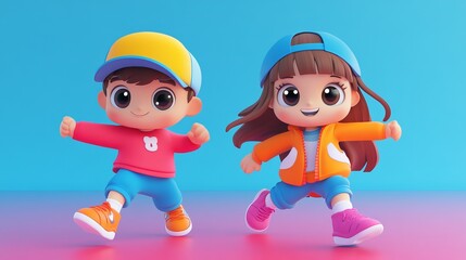 Obraz premium Playful Cartoon Children Running Against a Colorful Background