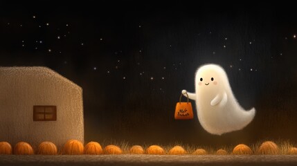 Playful Halloween Ghost with Trick-or-Treat Bag Floating Above Pumpkin Patch at Twilight - Spooky and Festive Illustration