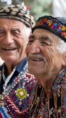 Fototapeta premium Elderly men share joyful smiles while wearing colorful traditional attire at a community gathering