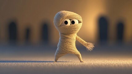 Playful Cartoonish Mummy Unwrapping Itself in Spooky Graveyard Setting