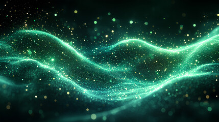 Luminous green wavy line light line, green wave lights , Green stars dust trail sparkling particles isolated