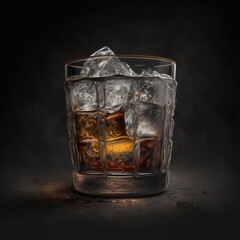 A beautifully served glass of whiskey with ice cubes against a black background