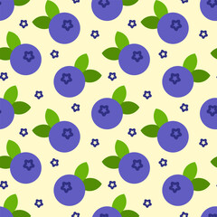  Seamless pattern of blueberries on yellow background. For fabric, wallpaper, wrapping paper, card, clothes, greeting card, invitation
