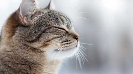 Close-up of a cat's face in profile, eyes closed, with soft natural light and blurred background, more clarity with clear light and sharp focus, high detailed
