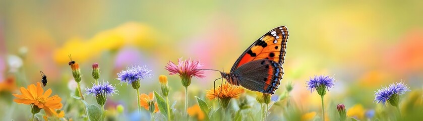 Obraz premium A vibrant photograph of a butterfly resting on colorful wildflowers in a field, showcasing the beauty of nature and the delicate details of the butterfly.