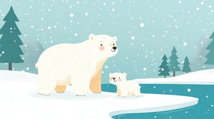 A mother polar bear and her cub navigate the snowy ice, showcasing the beauty of winter in natures embrace.