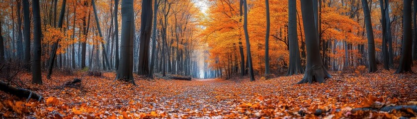 Fototapeta premium Panoramic view of a serene forest path in autumn, with vibrant orange leaves and tall trees, creating a beautiful and tranquil outdoor scene.