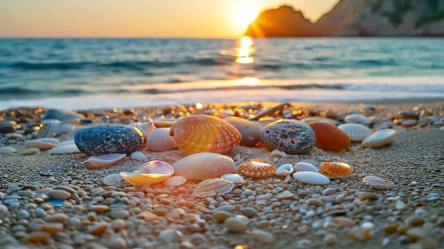 Seashells on sandy beach at sunrise with ocean waves