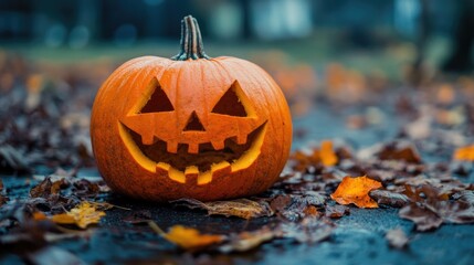 Scary halloween dark park with pumpkins and trees in the night. Halloween, concept. Glowing pumpkin