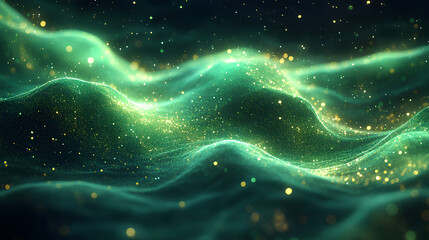 Luminous green wavy line light line, green wave lights , Green stars dust trail sparkling particles isolated