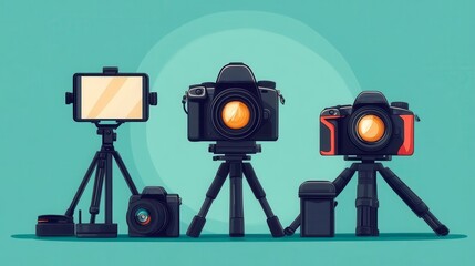 Obraz premium Various professional cameras and equipment on tripods against a teal background.