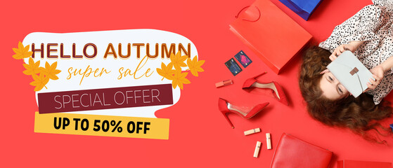 Beautiful young woman with stylish bags, high heels and lipsticks on red background